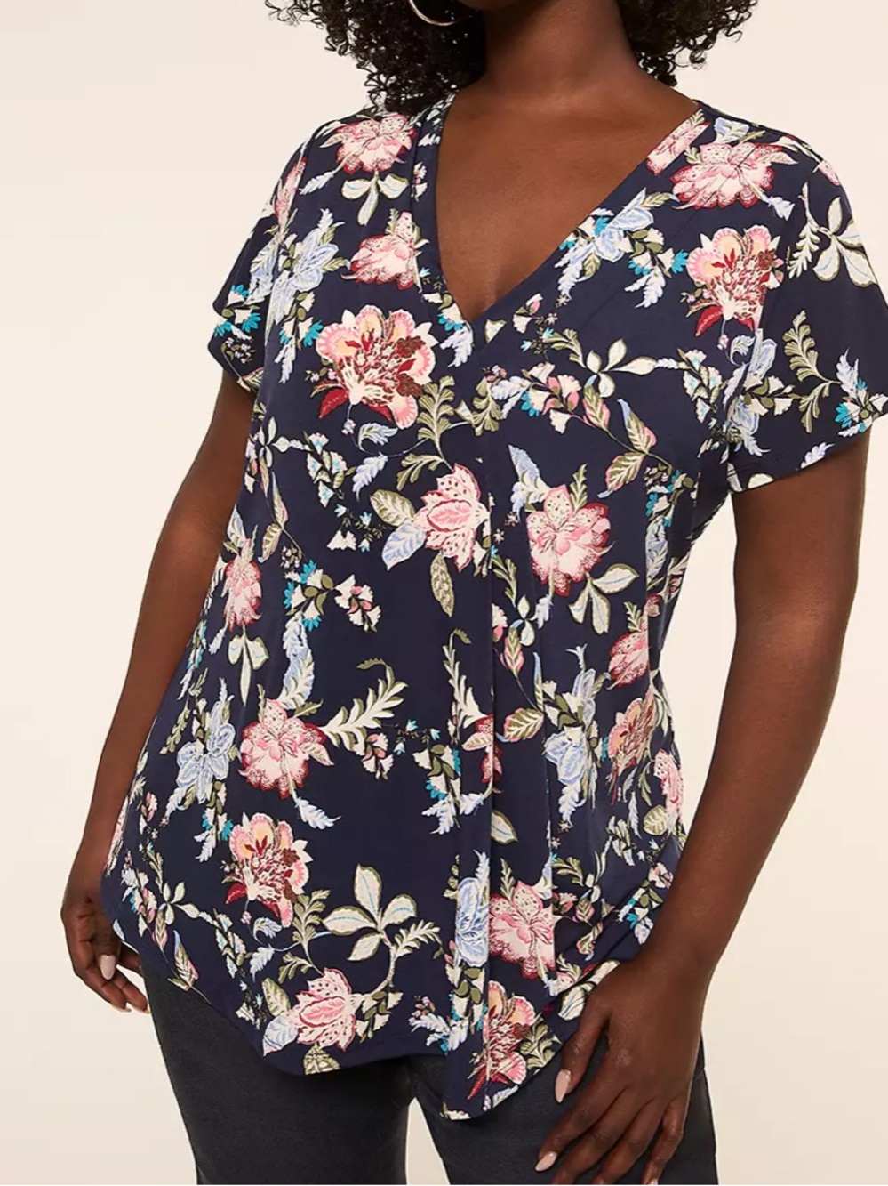 NWOT LANE BRYANT Floral V-Neck Short Sleeve Top - Navy
